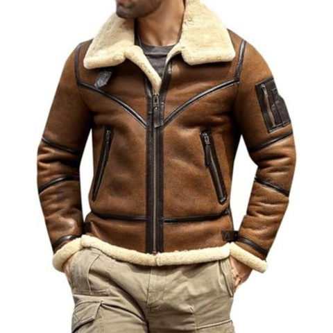 Men's RAF B3 Bomber Flight Pilot Aviator Fur Shearling Sheepskin Brown Leather Jacket B3-04