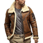 Men's RAF B3 Bomber Flight Pilot Aviator Fur Shearling Sheepskin Brown Leather Jacket B3-04