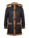 Men's New Winter Sheepskin Leather Ginger Hooded Duffle Coat