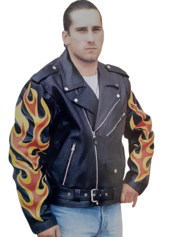 Brando Biker Leather Jacket With Side Lace Flame Cut-Work on arm115